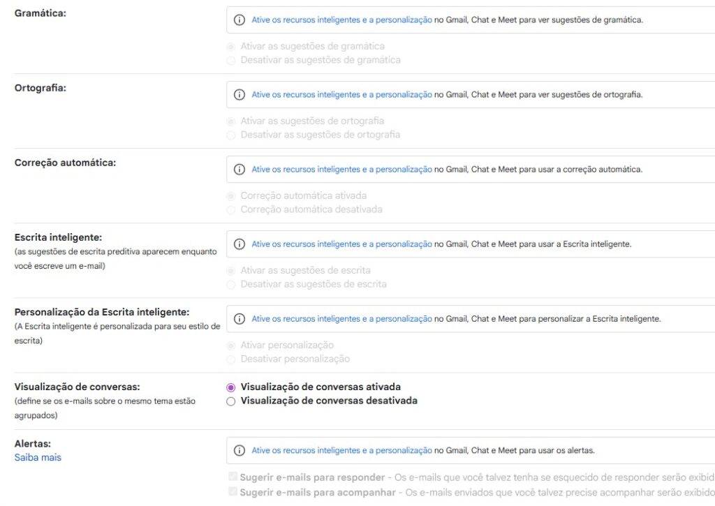 Configuração de recursos inteligentes do Gmail