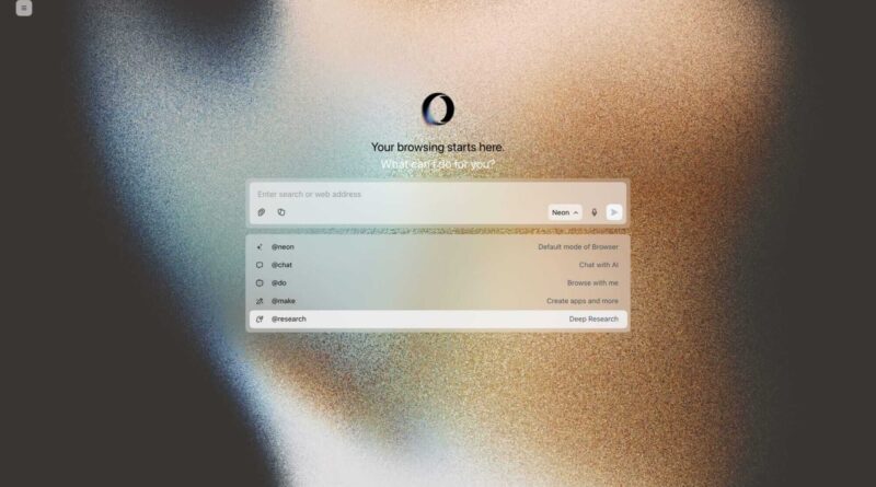 Visual do Opera Deep Research Agent no navegador Neon, interface do novo agente de pesquisa baseado em IA