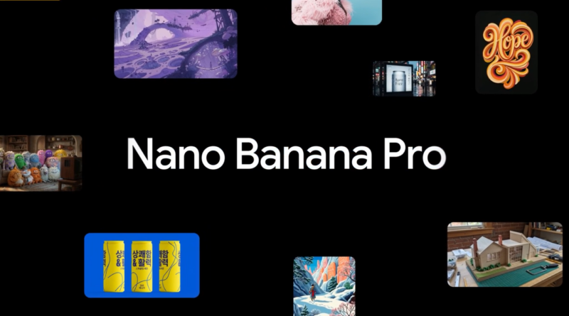 Imagem mostrando o texto 'Build with Nano Banana Pro' e diversas variações ilustrativas do modelo Gemini 3 Pro