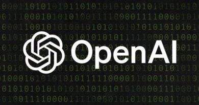 Logotipo da OpenAI sobre fundo tecnológico com formas circulares e tons escuros