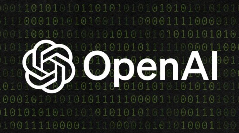 Logotipo da OpenAI sobre fundo tecnológico com formas circulares e tons escuros