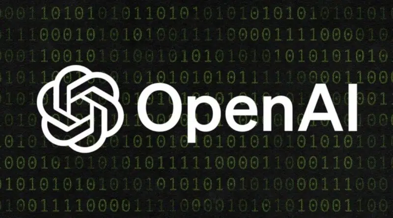 Logotipo da OpenAI sobre fundo tecnológico com formas circulares e tons escuros