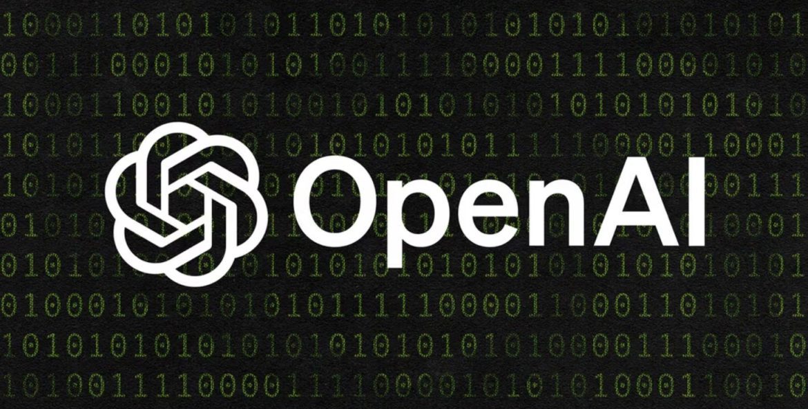 Logotipo da OpenAI sobre fundo tecnológico com formas circulares e tons escuros