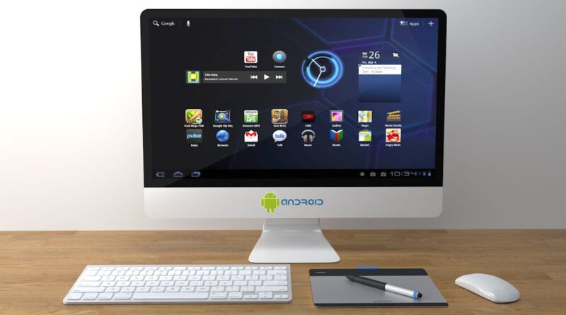 Aluminium OS: A sleek desktop setup featuring an Android interface on a monitor with keyboard and mouse.