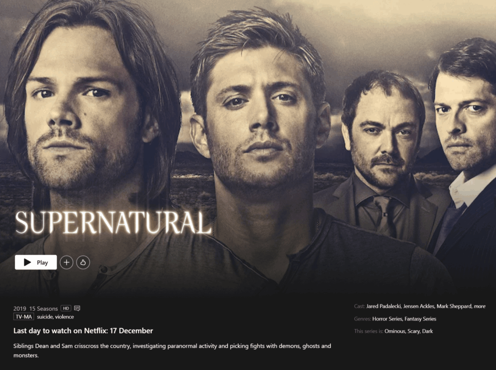 Supernatural deixa a Netflix e migra para Peacock e Prime Video 3 Data de remoção Supernatural Netflix