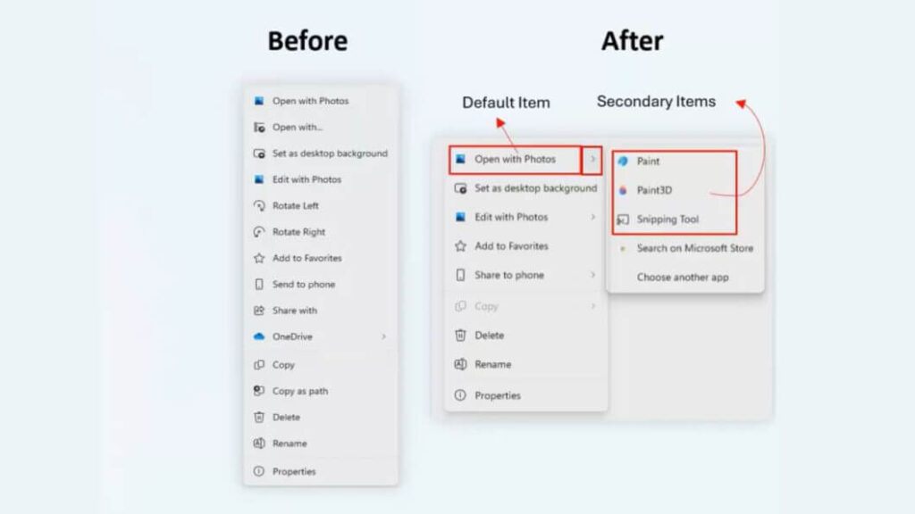 Interface split do menu de contexto do WinUI com opções compactadas.