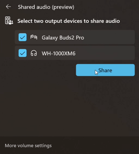 Interface da função Shared Audio do Windows 11 com Bluetooth LE