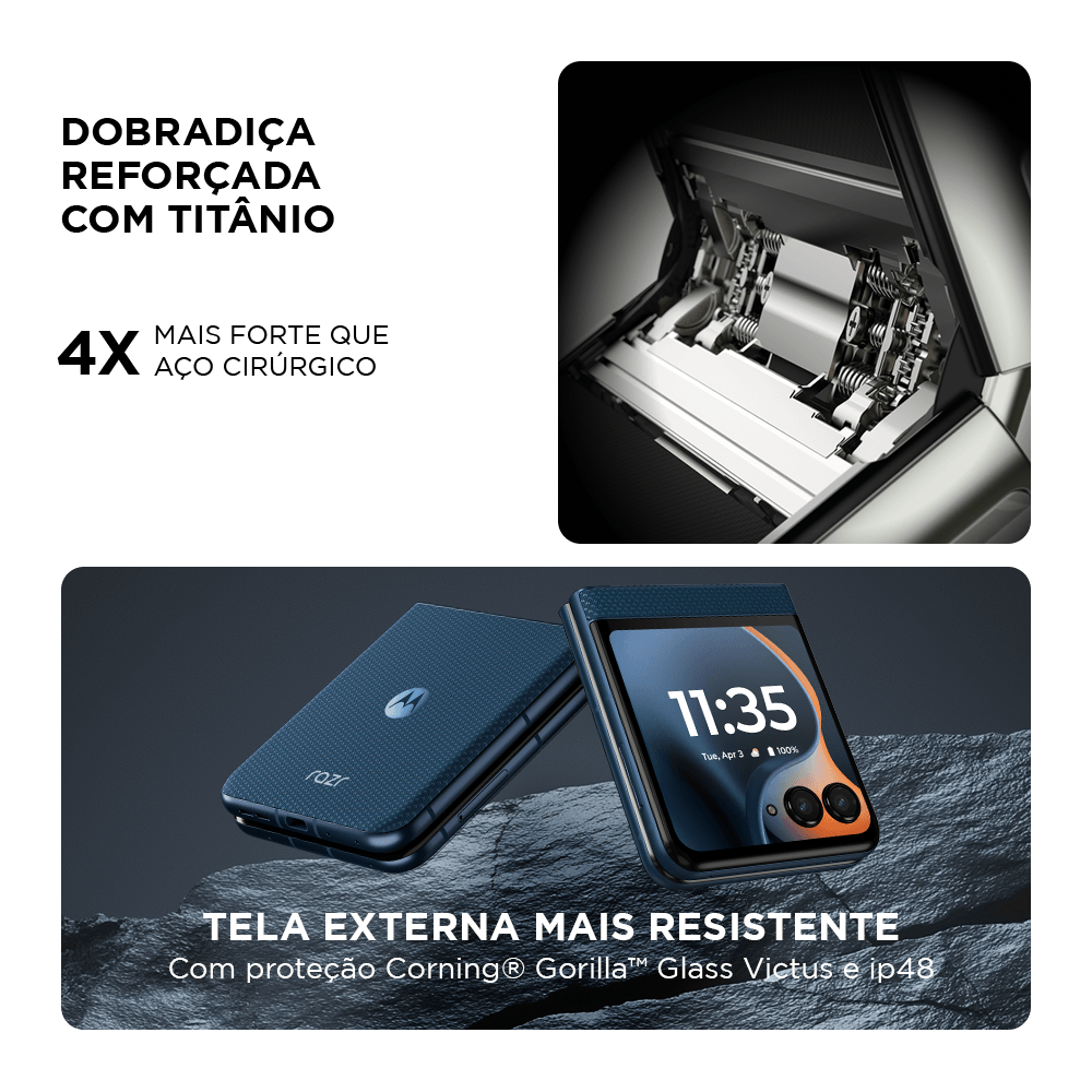 mas agora com estrutura reforçada por uma dobradiça de titânio, garantindo resistência e durabilidade