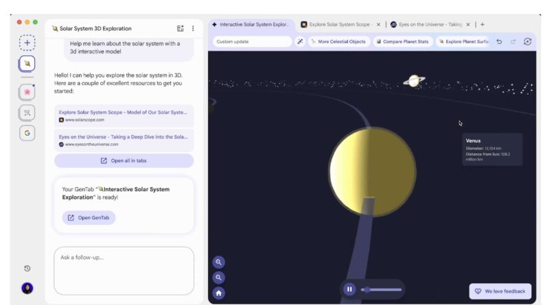 Google Disco: navegador experimental com IA que transforma abas em apps personalizados 2 Interface do navegador experimental Google Disco, mostrando a criação de aplicativos personalizados com IA Gemini