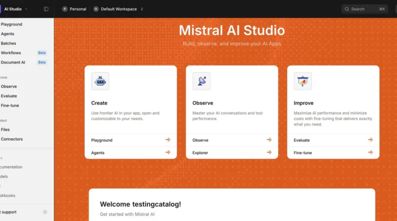 Interface beta do Workflow Builder da Mistral AI com conectores e fluxos automatizados