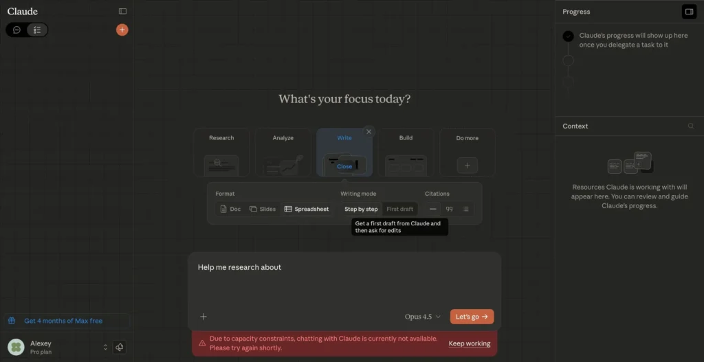 Anthropic lança novo Agentic Tasks Mode no Claude 7 Módulo de escrita do Claude exibindo modos de produção de documentos