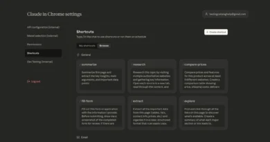 Interface da extensão Claude para Chrome com novas opções e atalhos personalizáveis