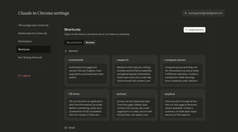 Anthropic lança modo de planejamento do Claude para Chrome 2 Interface da extensão Claude para Chrome com novas opções e atalhos personalizáveis