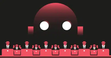 IA no mercado de trabalho em 2026: Funcionários diante de computadores e robôs simbolizando automação da IA