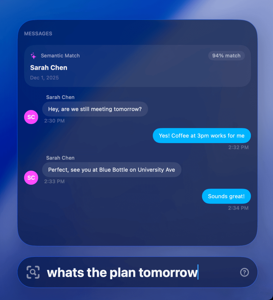 Vector para Mac: substituto rápido e inteligente para o Spotlight 6 Busca semântica do Vector em mensagens do macOS