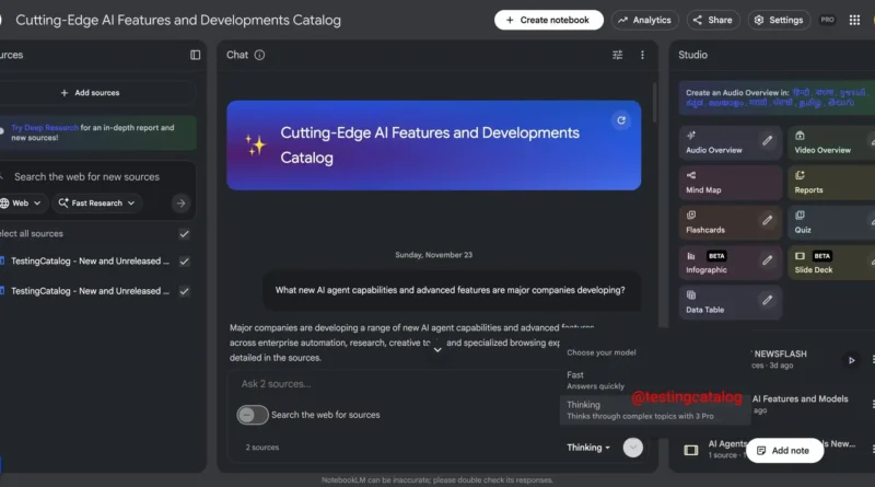 Interface do NotebookLM com novo seletor de modelos, incluindo Gemini 3 Pro e opções de velocidade de resposta
