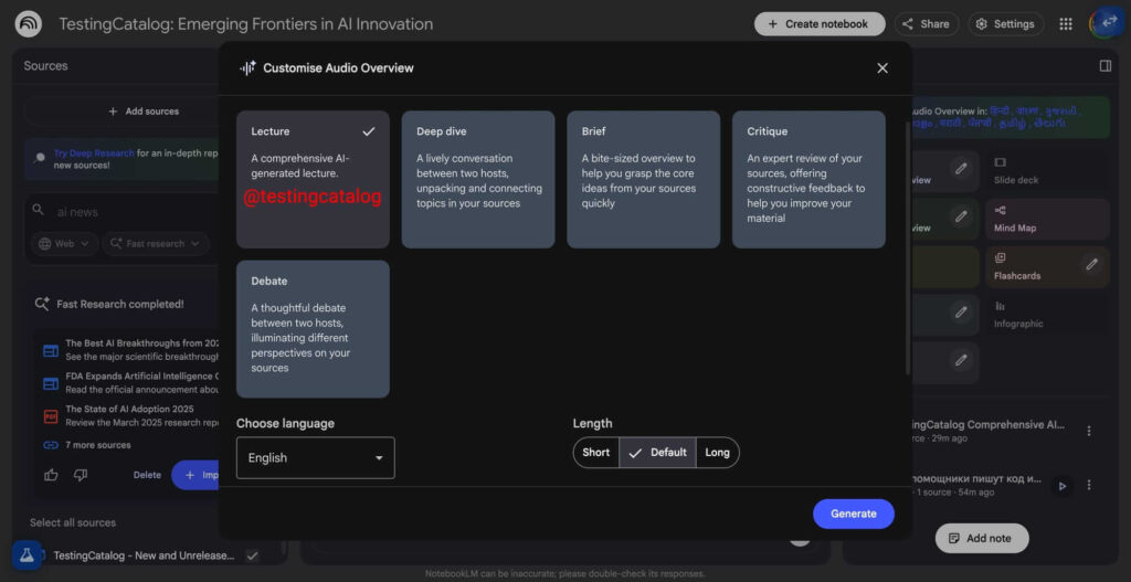 Interface do NotebookLM com o formato Lecture em testes