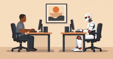 Homem e robô humanóide trabalhando frente a frente em computadores