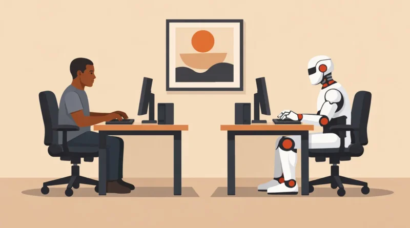 Homem e robô humanóide trabalhando frente a frente em computadores