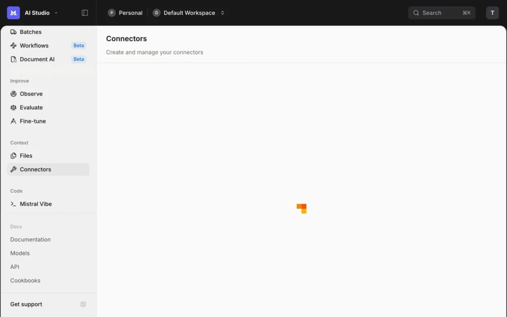 Menu de conectores na plataforma Mistral AI