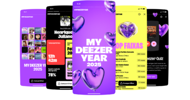 Montagem de telas do My Deezer Year 2025 mostrando estatísticas personalizadas de música e podcasts no app Deezer