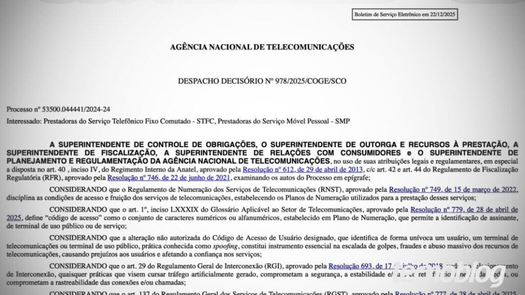 Despacho 978/2025 da Anatel entra em vigor em 1º de janeiro