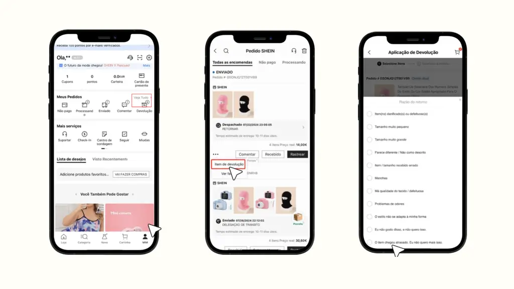 A devolução de produtos é feita, muitas vezes, por meio de sistemas automatizados ou com menos segurança do que o checkout: golpistas se aproveitam disso para lucrar (Imagem: Reprodução/Shein)