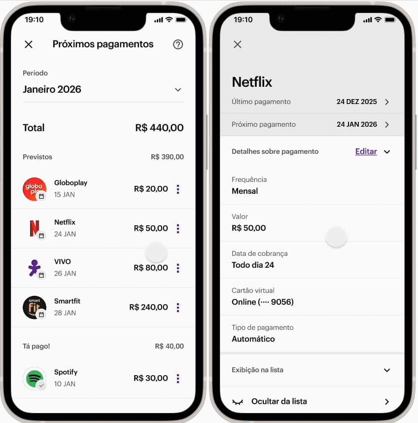 Nubank lança ferramenta para gerenciar assinaturas 3 Tela do app Nubank mostrando assinaturas como Netflix e Spotify
