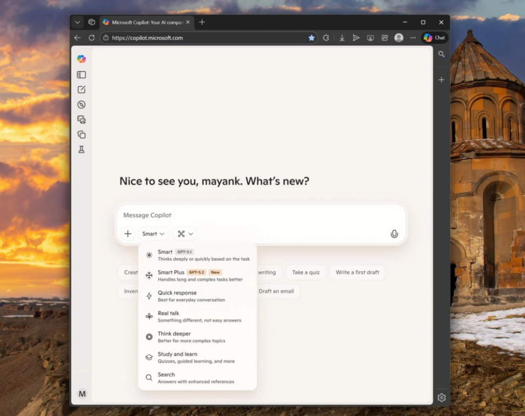 Interface do Copilot com novo seletor Smart Plus em destaque
