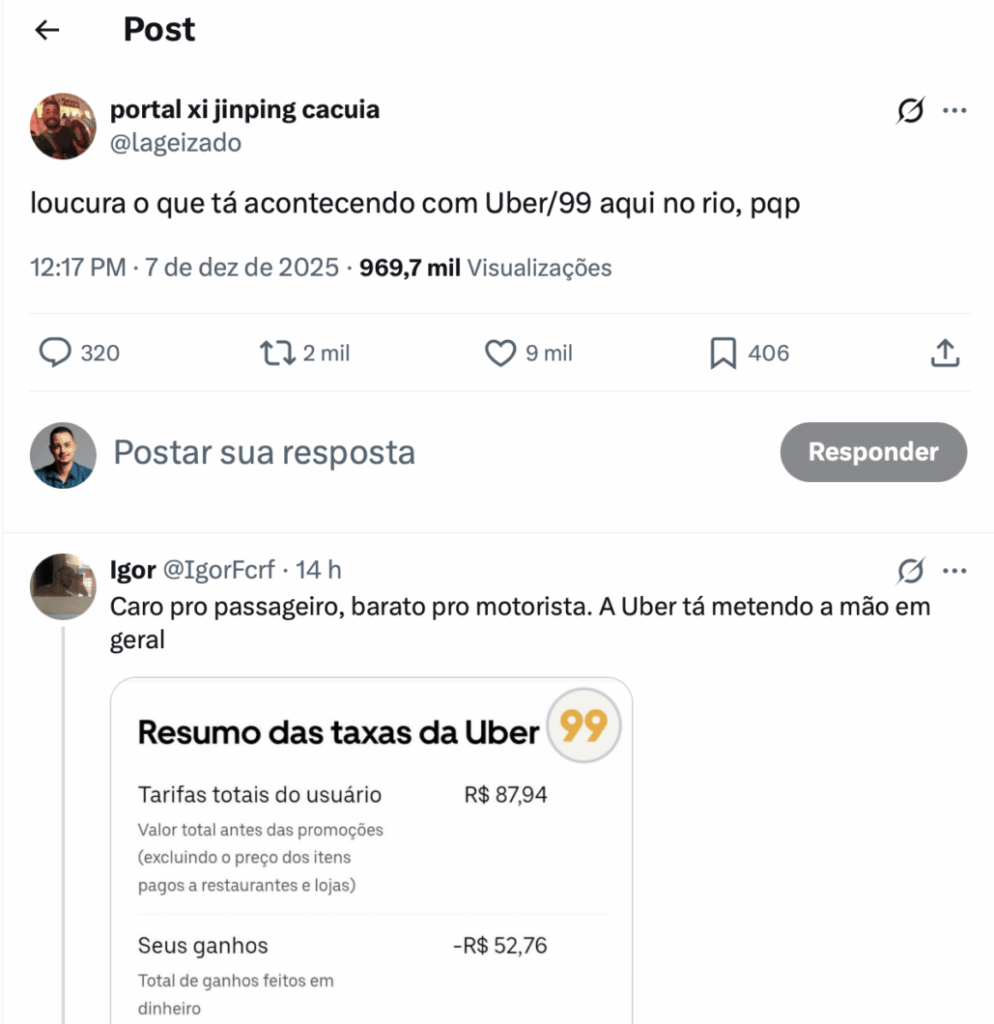 Captura de reclamação de usuário da 99 nas redes sociais