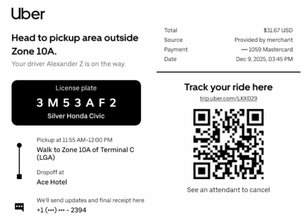 Uber lança totens para pedir corridas sem app 3 Recibo impresso do totem da Uber mostrando detalhes do motorista e rota.