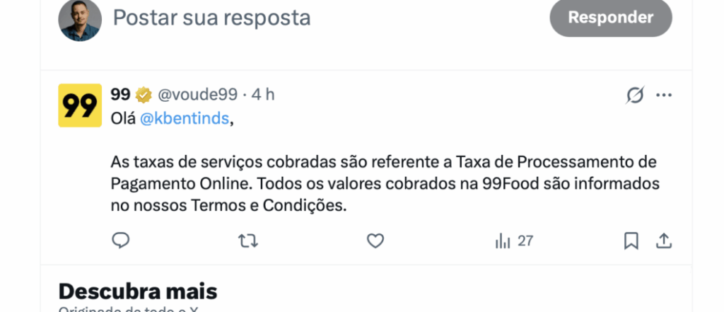99Food implementa nova taxa e irrita consumidores 5 Print da resposta oficial da 99 explicando a taxa de serviço