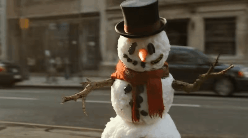 Cena gerada por IA no Runway Gen-4.5 mostrando um boneco de neve derretendo em uma rua urbana