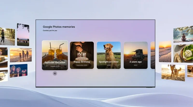 Aplicativo Google Fotos em uma TV Samsung mostrando álbuns e memórias.
