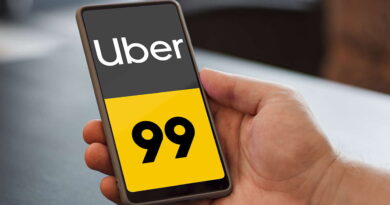 Logos da Uber e 99 sobre fundos amarelo e preto