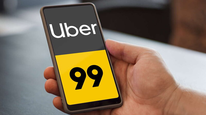 Logos da Uber e 99 sobre fundos amarelo e preto