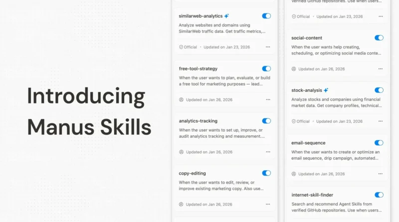 Interface do Manus AI com Agent Skills integrados – padrão aberto para fluxos de trabalho com IA modular.