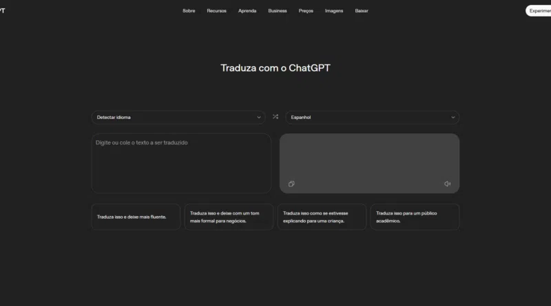 Interface do ChatGPT Translate aberta no navegador Google Chrome