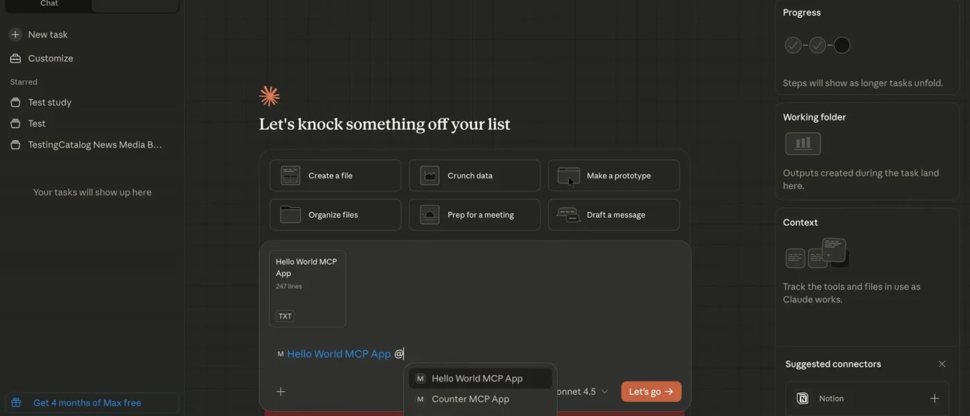 Interface do Claude Cowork mostrando testes de MCP Apps com suporte a widgets e menções @