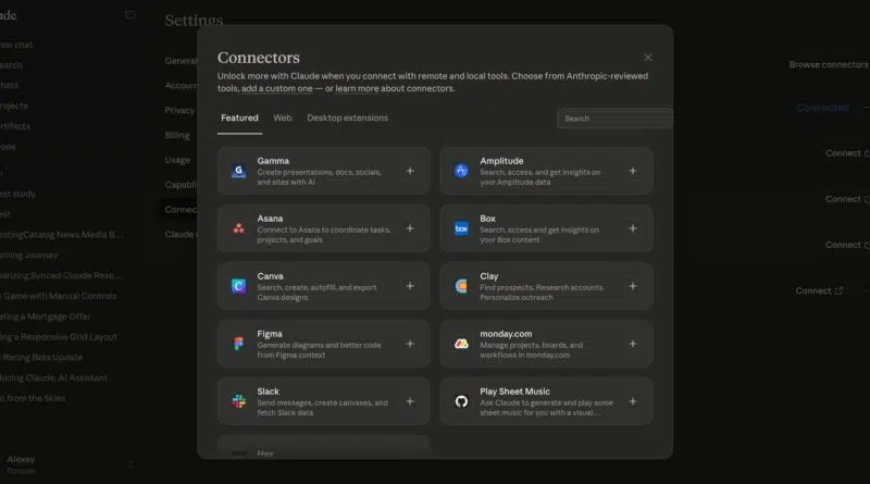 Interface do Claude com integração MCP e ferramentas como Slack e Figma