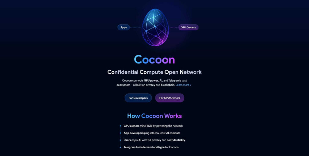 Diagrama ilustrando o funcionamento da rede descentralizada Cocoon para IA do Telegram