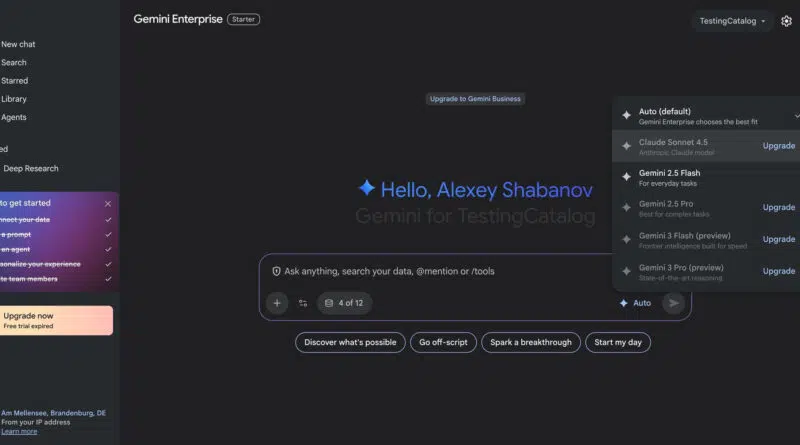 Google testa Claude Sonnet 4.5 no Gemini for Business 2 Interface do Gemini for Business mostrando o novo seletor de modelos Claude Sonnet 4.5