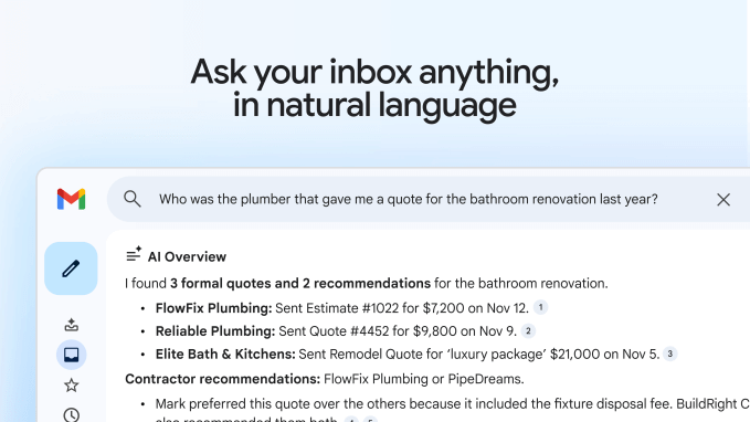 Interface de busca com AI Overviews no Gmail