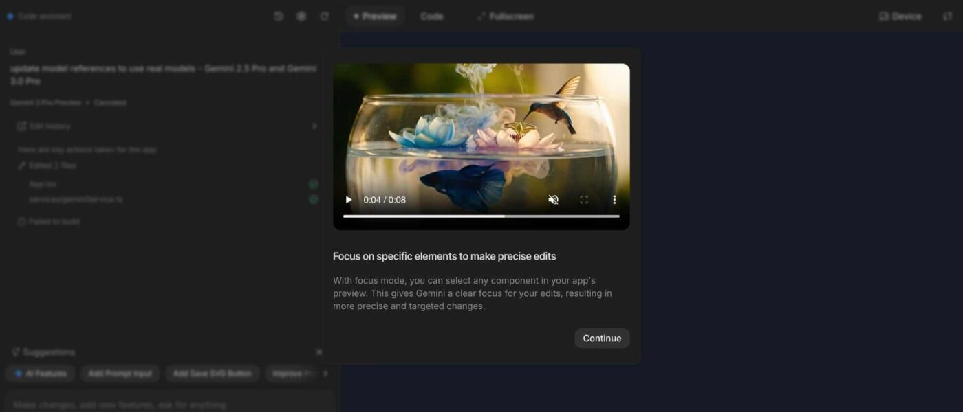 Interface do novo Modo Design do Google AI Studio com ferramentas de edição
