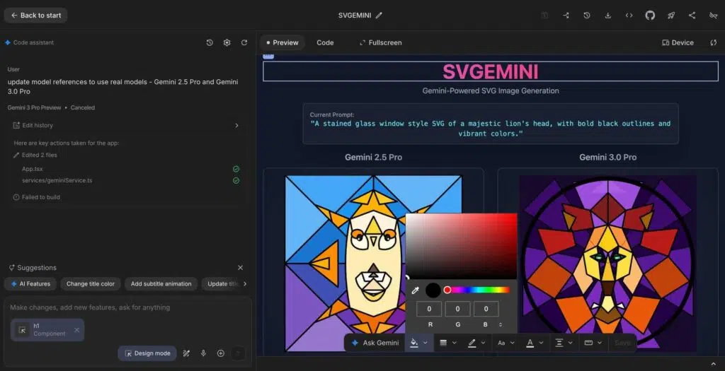 Ferramenta de edição visual no AI Studio, integrando Gemini para atualizações em tempo real