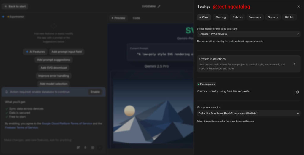Google testa integração Firebase e AI Studio com autenticação nativa 3 Interface atualizada do AI Studio com comandos de barra e layout similar ao Firebase