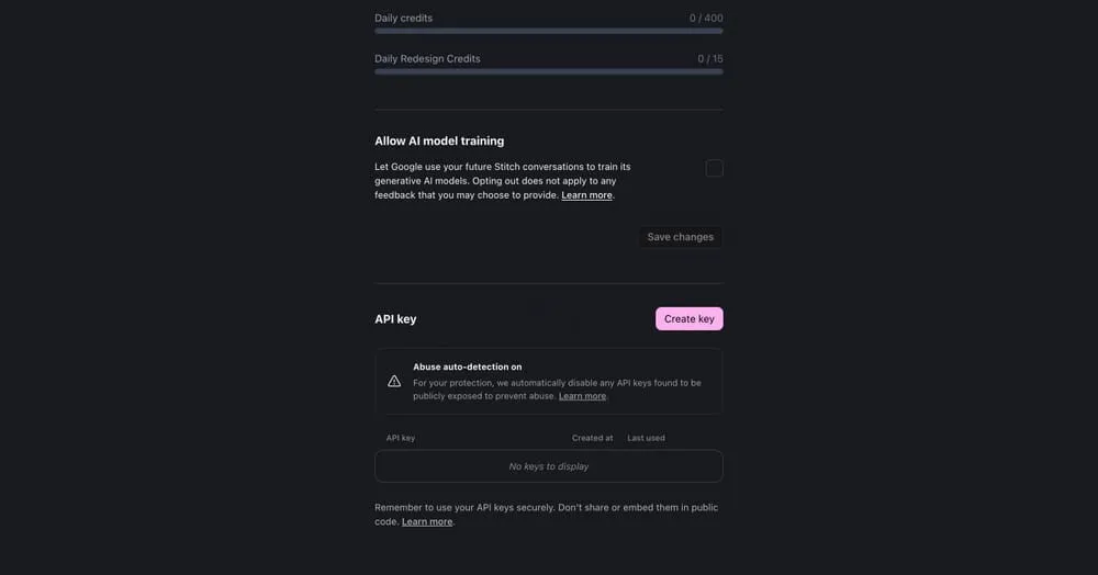 Painel de configurações com opções de API no Stitch