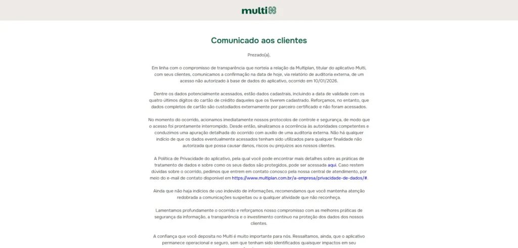 Tela de aviso do app Multi após o incidente