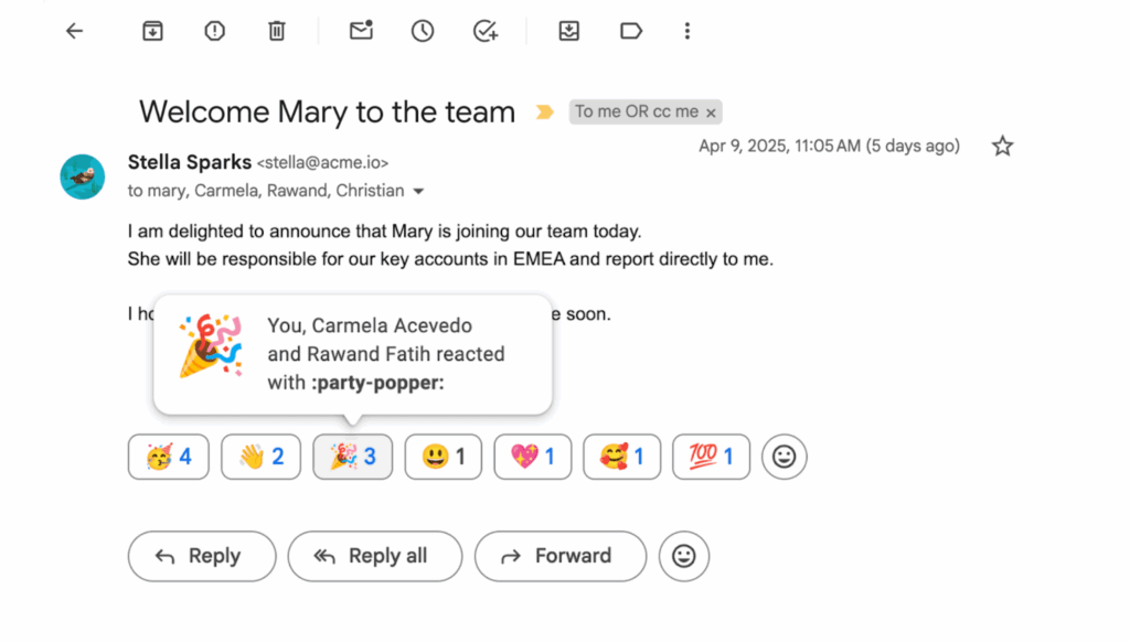Demonstração de várias reações com emojis em uma mensagem do Gmail